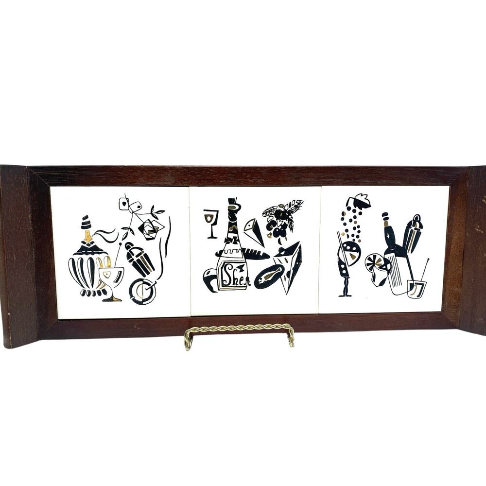 1950s‎ Wood Framed 3 Tile Sansco Japan Serving ,wall decor, Barware Mid Century